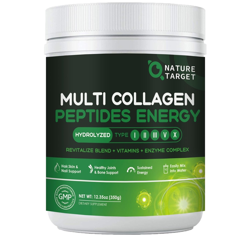 NATURE TARGET Multi-collagène-Peptides-Powder - Collagène hydrolysé avec mélange d'énergie + Multivitamine & Minéraux, supporte l'énergie Skin cheveux ongles et joint, non-OGM, 35 services