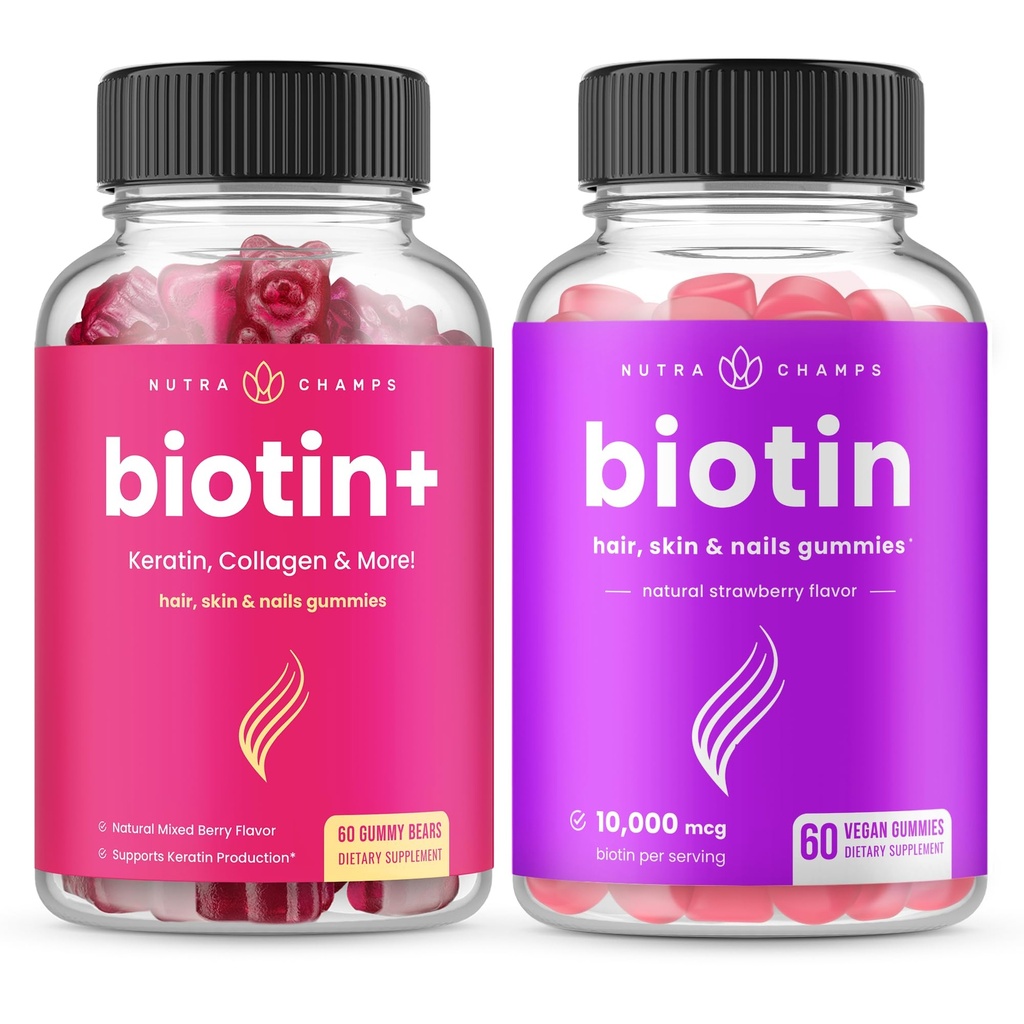 NutraChamps Biotin+ & Biotin. Le duo complet pour cheveux, peau et ongles.