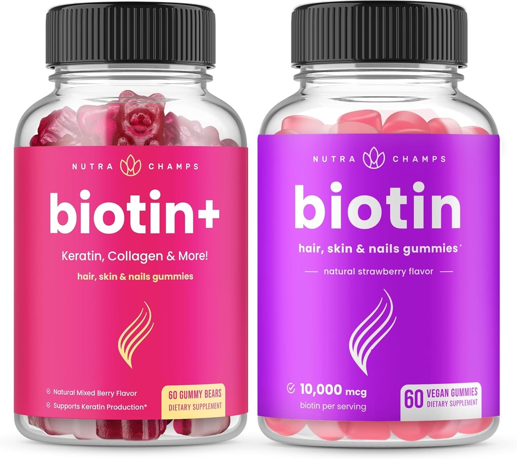 NutraChamps Biotin+ & Biotin. Le duo complet pour cheveux, peau et ongles.