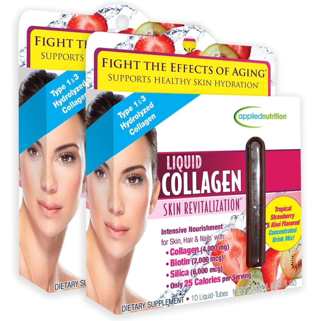 Applied Nutrition Liquid Collagen Skin Revitalization - 10 Liquid Tubes, Pack of 2 - Collagen, Biotin & Silica - Tropical Strawberry & Kiwi Flavor - 20 Servings