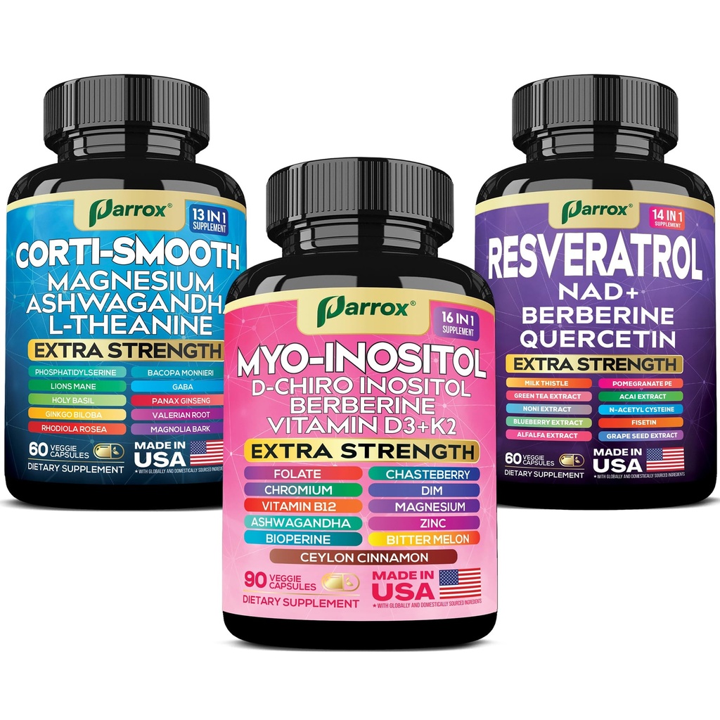 Cortisol & Myo-Inositol + Resveratrol – Cortisol Balance, Hormonal Support & Mood Aid with Ashwagandha, L-Theanine, D-Chiro Inositol, NAD+, Berberine & Antioxidant-Rich Resveratrol Complex
