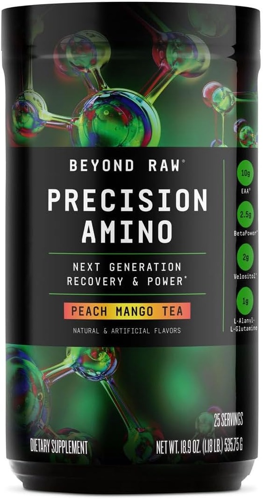 BEYOND RAW Precision Amino, Recovery & Power Amino Acid Formula, Fuel Muscles, Améliorer l'hydratation, Peach Mango Tea, 25 portions