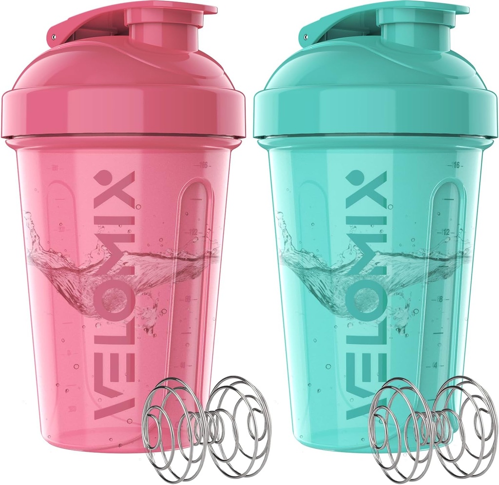 VELOMIX -2 Pack- 20 oz Protein Shaker Bottles for Protein Mixes - 2x Wire Whisk | Leak Proof Shaker Cups for Protein Shakes and Pre Workout | Protein Shaker Bottle Pack (Pink/Turquoise)