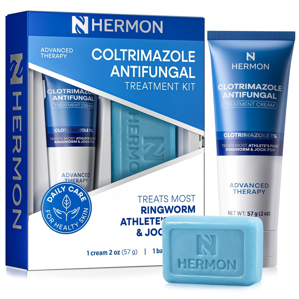 Hermon Clotrimazole Antifungal Treatment Cream & Soap Kit: Antifungal Cream for Athletes Foot, Jock Itch, Ringworm with Anti Fungal Soap - Relieves Itching Burning Cracking - 57g Tube / 113g Bar