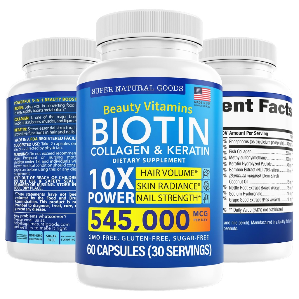 Biotin and Collagen Vitamins + Keratin with Folate - Hair Loss Treatments for Women & Men - Follicle, Skin and Nails Supplements for Hair Growth & Postpartum Support - GMO Free & Gluten Free (60 Caps)