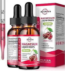 2 paquets de gouttes liquides de glycinate de magnésium, 1000mg de glycinate de magnésium, Taurate et Citrate gouttes liquides pour les os, le sommeil, le calme, le muscle, l'énergie et la relaxation, haute absorption, cerise sans sucre