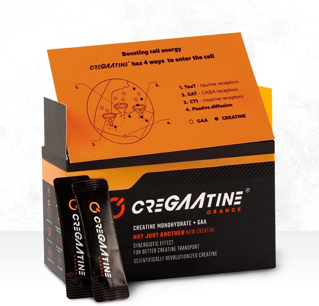 Micronized Creatine Monohydrate + GAA (Augmenter la force, Pas de rétention d'eau) Boosts Memory & Focus (Sacets, Orange)