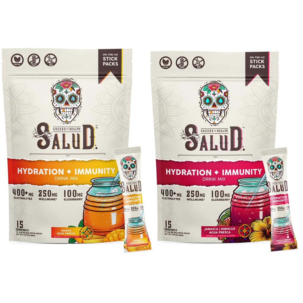Salud 2-Pack | 2-in-1 Hydration + Immunity (Mango) & Hydration + Immunity (Hibiscus) – 15 Servings Each, Agua Fresca Drink Mix, Non-GMO, Gluten Free, Vegan, Low Calorie, 1g of Sugar