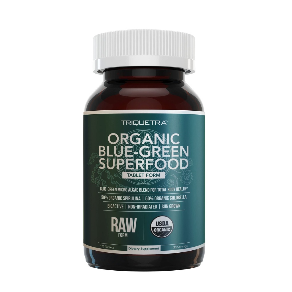 Comprimés de spiruline et de chlorella organiques – 4 certifications biologiques, brutes, non irradiées – mélange d'algues vertes bleues 50/50 – teneur en antioxydants égale à 5 portions de légumes (120 comprimés)