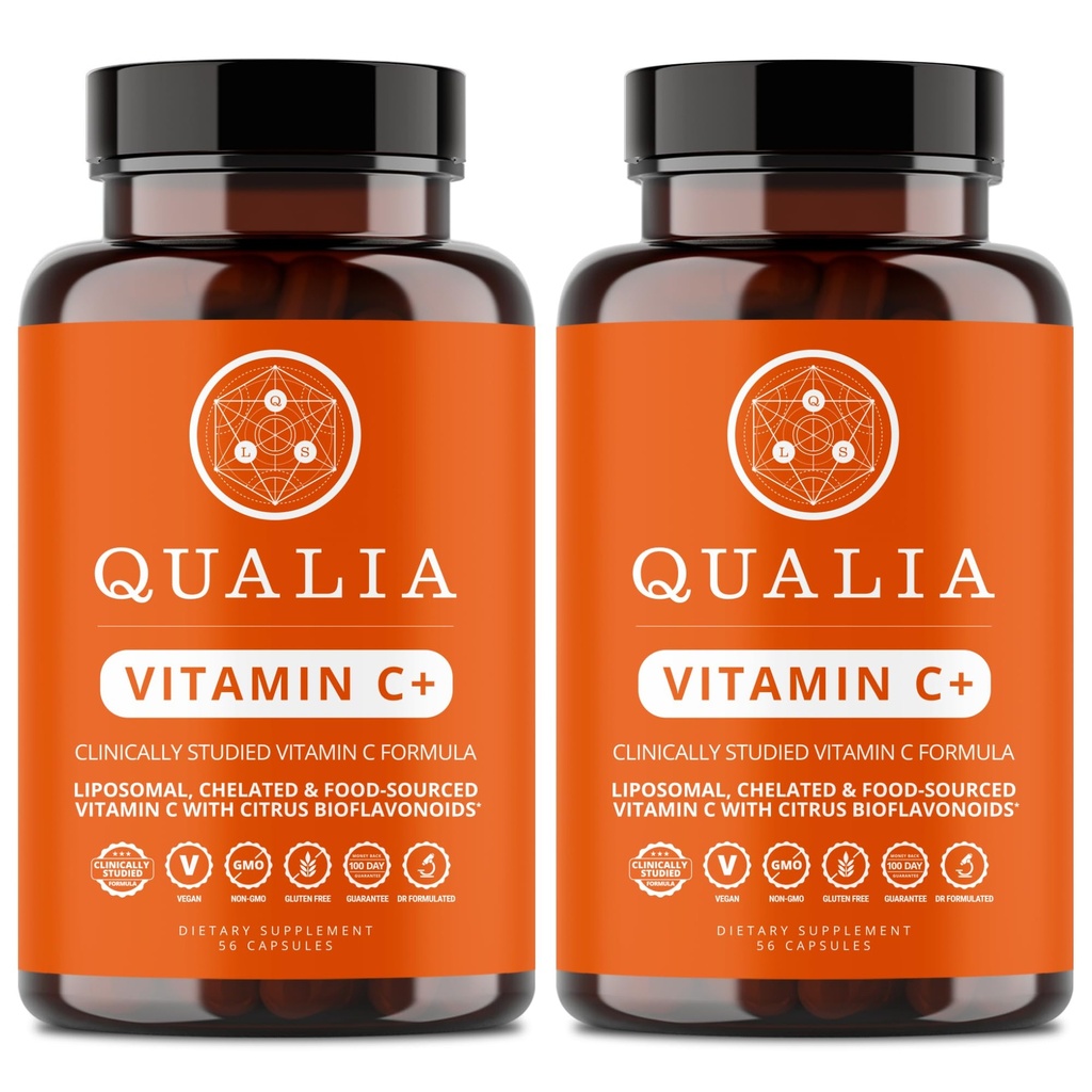 Qualia Vitamin C+ | Clinically Studied, Doctor Formulated | 7 High-Absorption Forms Including Liposomal PureWay-C®, Chelated & Food-Sourced with Citrus Bioflavonoids, Zinc, & Rose Hips | 500 mg