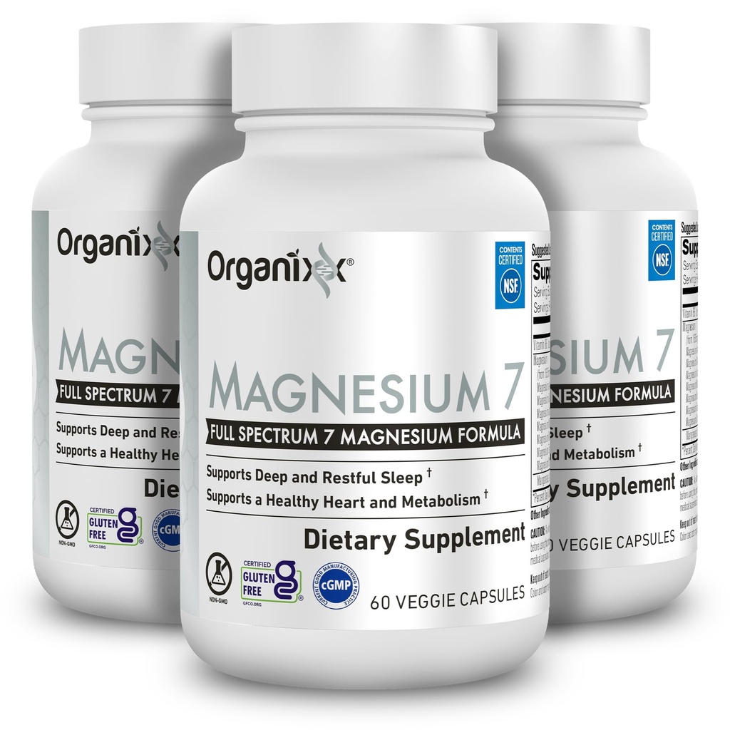 Organixx Magnesium 7 Supplement, Natural Magnesium Capsules for Sleep Support, Muscle Recovery, with Vitamin B6 and Manganese Citrate and Glycinate, Vegan, Non GMO, 180 Count (60 Capsule 3 Pack)