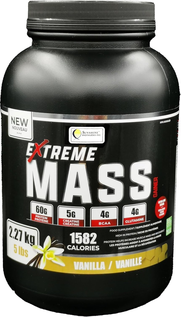 Extrême Mass Gainer Muscle Builder, 5 lb (2.27 kg) Calories à faible teneur en sucre pour des entraînements intenses (Vanilla)