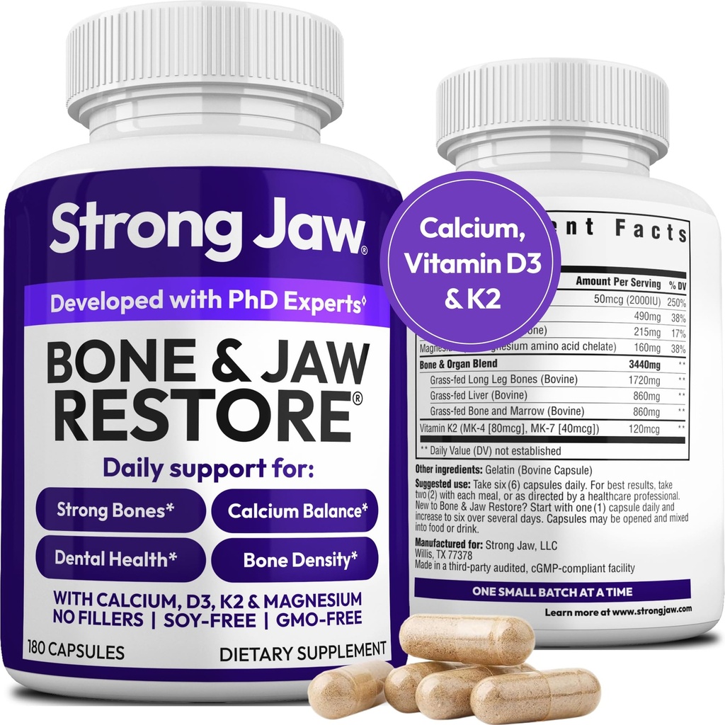 Strong Jaw - Bone & Jaw Restore – Calcium Supplements with Vitamin D3, K2 & Magnesium | Non-GMO | Bone Builder & Nutrition Support for Women & Men | Density Support Formula | 180 Capsules Bottle