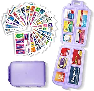 Pharmacie de poche avec étiquettes de médicaments 146 Étiquettes Voyage quotidien Pill Container Mini Organisateur de médicaments Entreposage Pill Organisateur Voyage Essentiels Pill Case 7 Day Pill Organizer (Purple, 1 Pack)