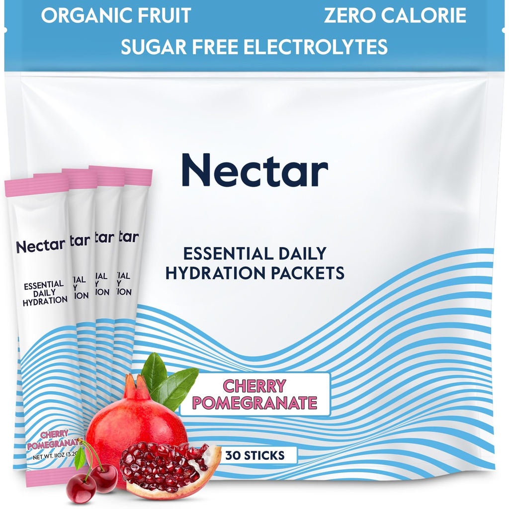 Nectar Hydration Packets - Electrolytes Powder - No Sugar or Calories - Organic Fruit Liquid Daily IV Electrolytes Powder for Dehydration Relief and Rehydration (Cherry Pom 30 Pack) Packaging may vary