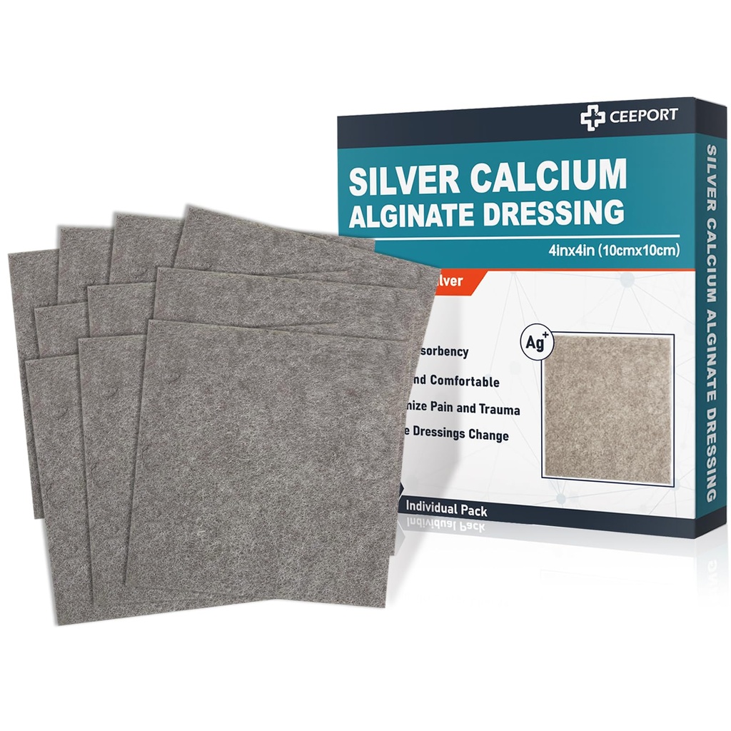 Ag Argent Calcium Alginate Wound Dressing Pads, 4'x4' Patchs, 10 Pack individuel, Dressing en argent doux pour l'entretien des plaies, Dressing doux très absorbant, Non Stick Gauze Pads pour les plaies