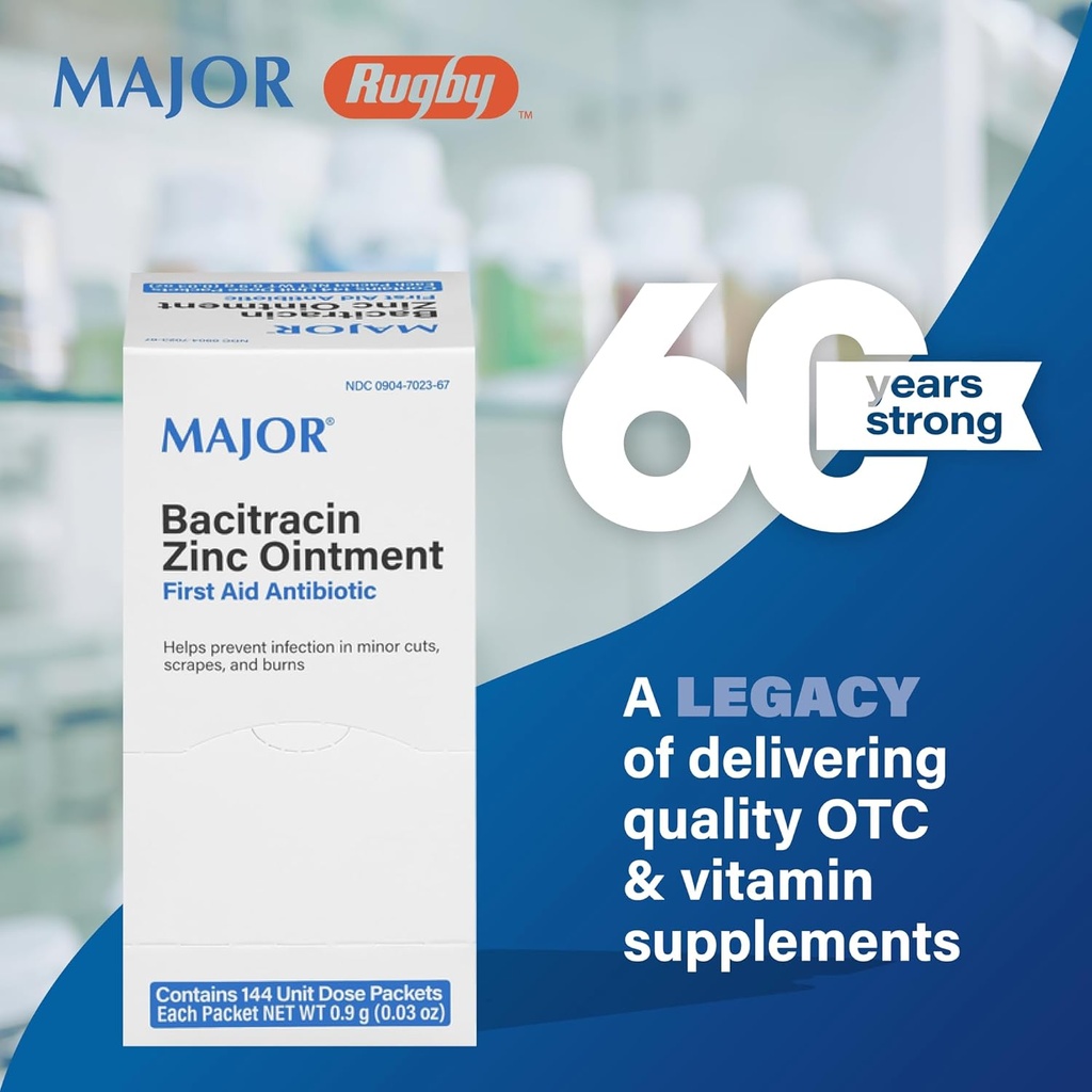 MAJOR Bacitracine Zinc Onguent Premiers soins Antibiotique - Contient 144 Packets de dose unitaire