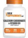 BulkSupplements.com Calcium Carbonate & Vitamin D3 Softgels - Calcium and Vitamin D3, Calcium & D3 Supplement for Immune Support - Gluten Free, 2 Softgels per Serving, 360 Count (Pack of 1)