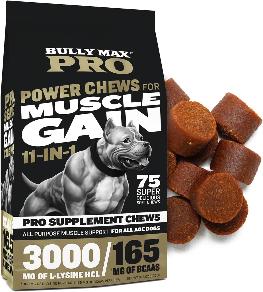 Bully Max 11-en-1 Prise musculaire de puissance Chews - Supplément de chien à haute teneur en protéines avec acides aminés - Gâteries saines pour chiens chiots et adultes - Constructeur de muscles premium pour toutes les races - 75 Mâches de chien molles