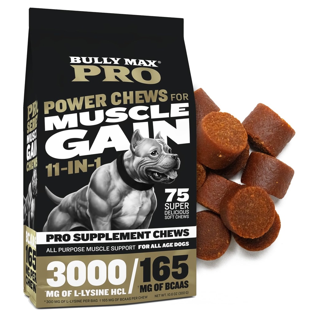 Bully Max 11-en-1 Prise musculaire de puissance Chews - Supplément de chien à haute teneur en protéines avec acides aminés - Gâteries saines pour chiens chiots et adultes - Constructeur de muscles premium pour toutes les races - 75 Mâches de chien molles