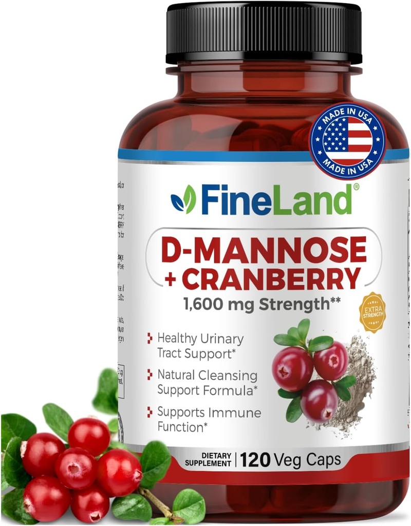 FineLand D-Mannose + canneberge – 1600mg par portion – 120 Capsules Vegan – Soutien de santé au trac urinaire et au vésicule – Non-OGM, sans gluten, fabriqué aux États-Unis