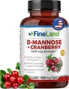 FineLand D-Mannose + canneberge – 1600mg par portion – 120 Capsules Vegan – Soutien de santé au trac urinaire et au vésicule – Non-OGM, sans gluten, fabriqué aux États-Unis