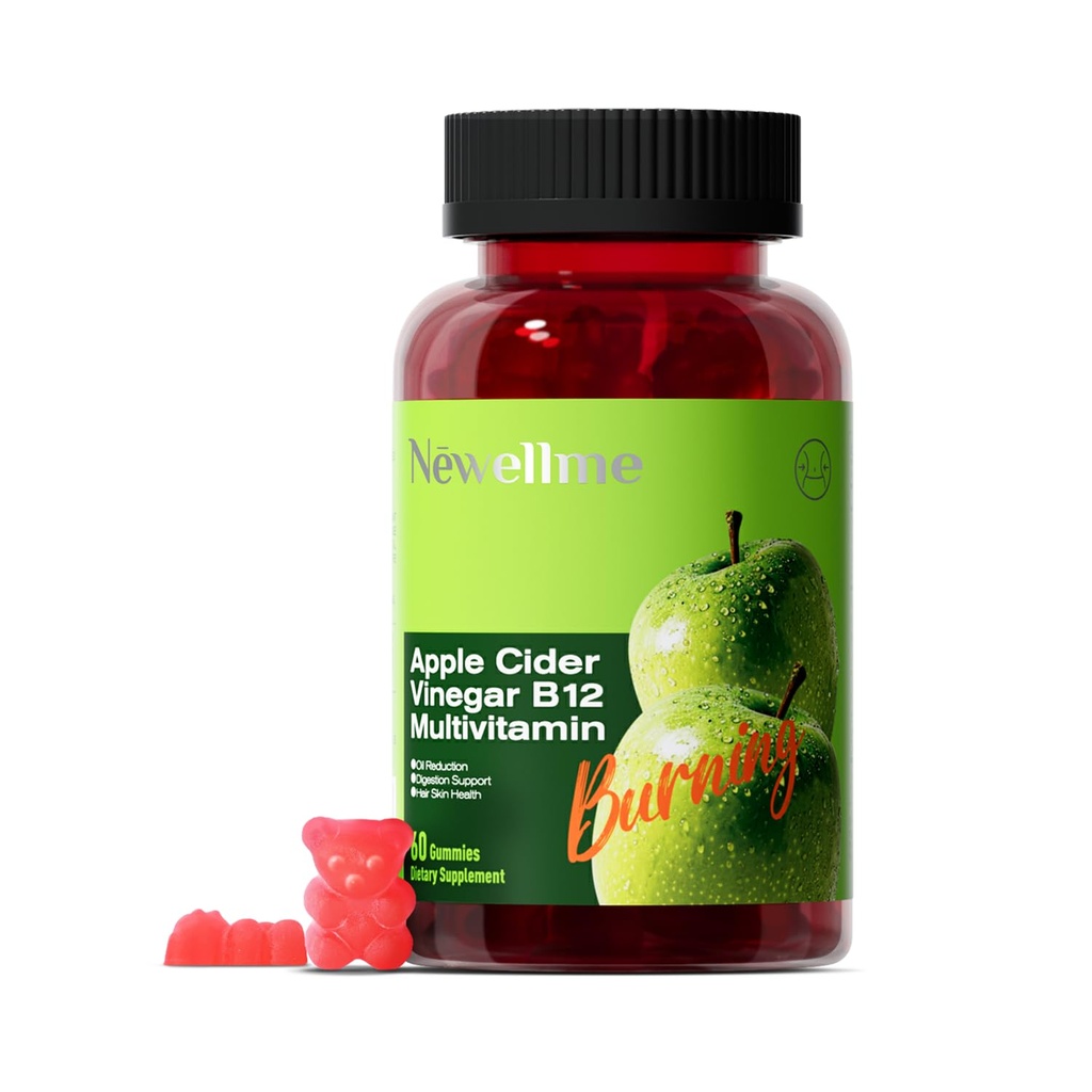 NEWELLME Sugar-Free Apple Cider Vinegar Gummies 1000mg ACV with The Mother + Vitamin B12 for Gut Health, Bloating Relief & Metabolism, Vegan Keto Gluten-Free, 60 Counts (Pack of 1)