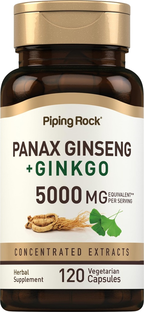 Piping Rock Panax Ginseng & Ginkgo Biloba Supplément $ 5000 mg $ 120 Capsules avec extrait de poivre noir $ Supplément végétarien, sans OGM et sans gluten