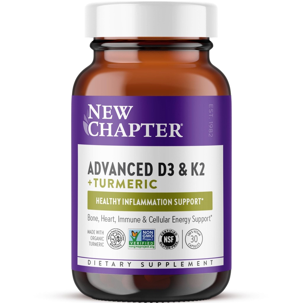 New Chapter Vitamin D3 5000 IU (125 mcg) & Vitamin K2 MK-7 (90 mcg) + Organic Turmeric Supplement for Bone, Heart, Cellular Energy & Immune Support + Healthy Inflammation Response*, 30 Vegan Capsules