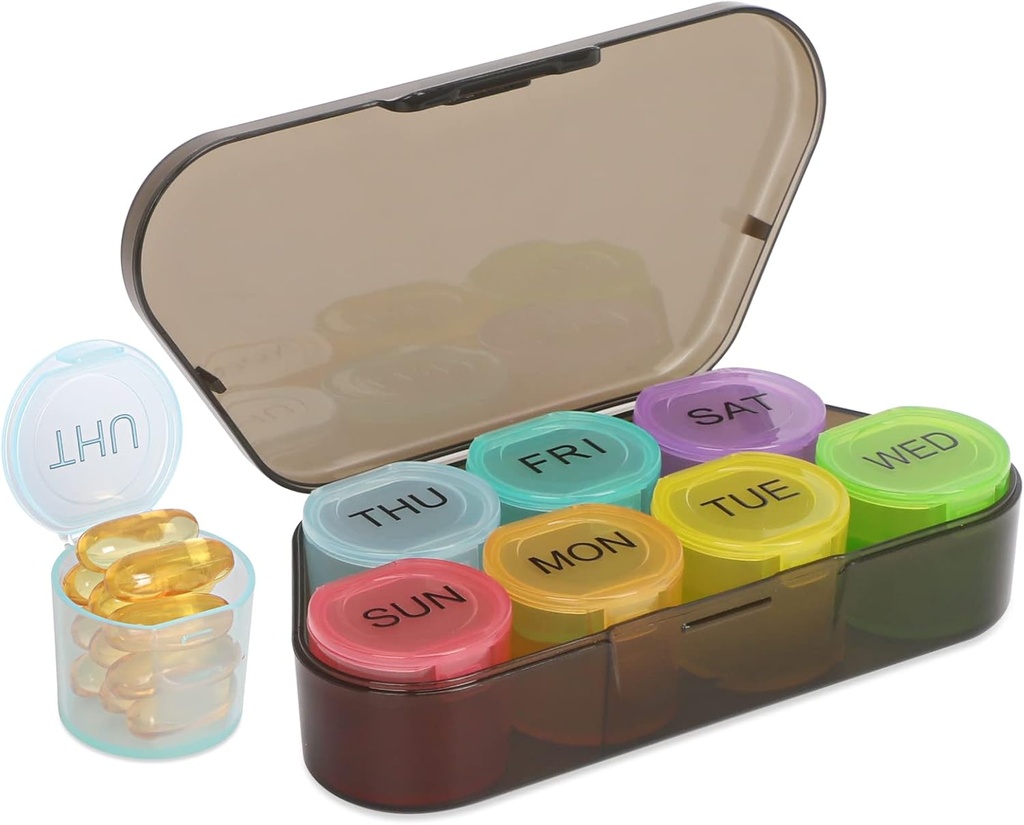 NatureTouch Weekly Pill Organizer, BPA Free Medicine Organizer Rainbow 7 Day Pill Box, Container quotidien portable pour pilules/vitamine/huile de poisson/compléments [Version la plus récente], Noir