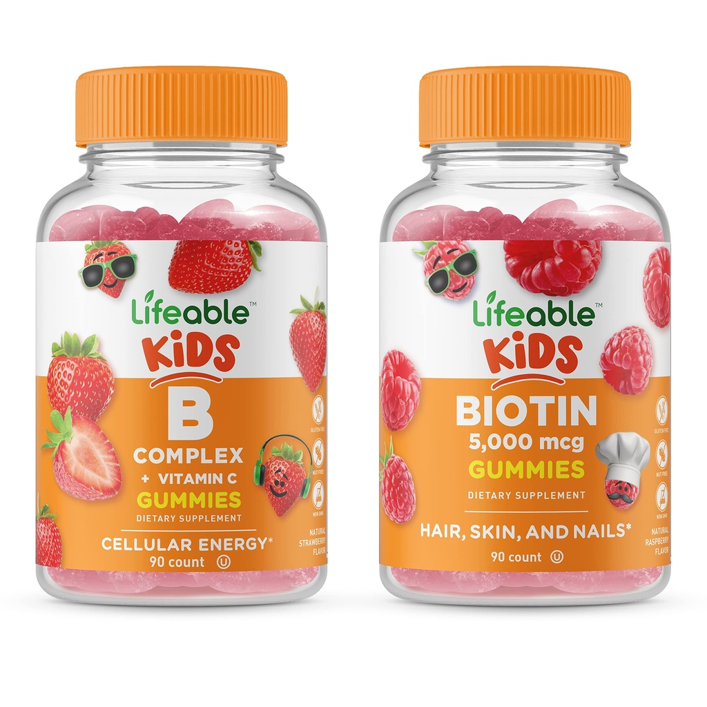 Complexe B Lifeable Enfants + Biotine Enfants, Bundle Gommies - Grande dégustation, supplément de vitamine, sans gluten, sans OGM, gommy à croquer
