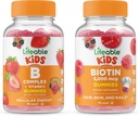 Complexe B Lifeable Enfants + Biotine Enfants, Bundle Gommies - Grande dégustation, supplément de vitamine, sans gluten, sans OGM, gommy à croquer