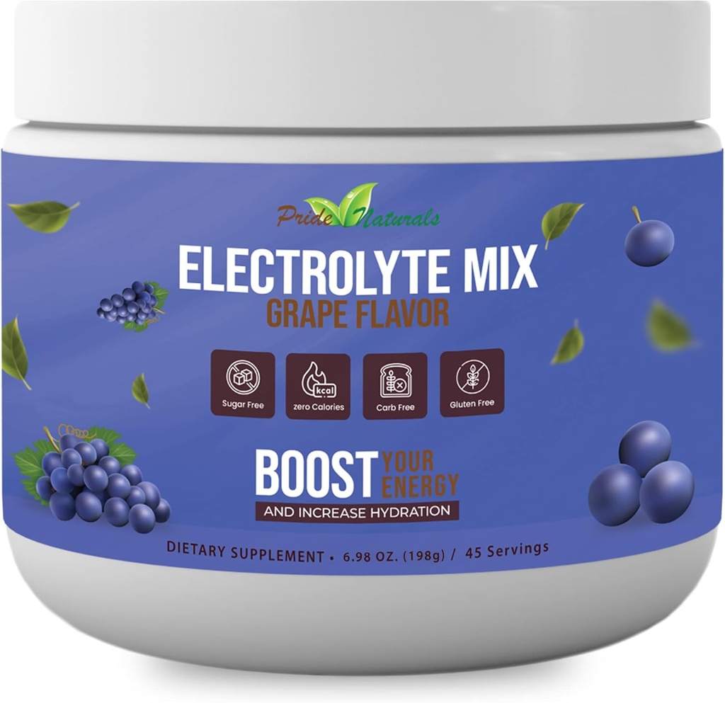 Poudre d'électrolyte - Rafraîchissements Récupération d'électrolytes, sans sucre, sans gluten et végétalien, boisson d'hydratation pure de kéto et de paléo, vitamines de stimulation immunitaire (198 grammes, raisin)