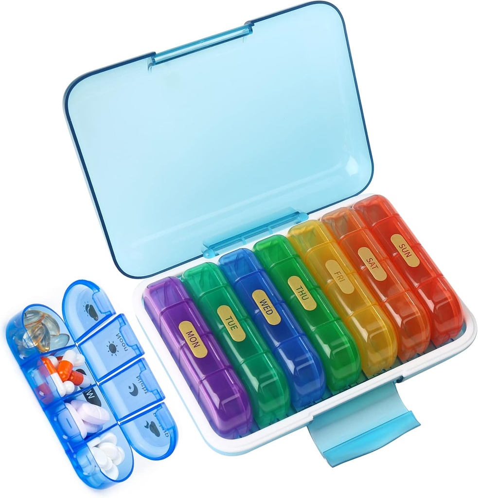 MURRI&MURRDI Pill Organizer 4 fois par jour, boîte à pilules quotidienne Grand cas de médecine hebdomadaire 7 jours Distributeur de pilules pour pilules, vitamines, huiles de poisson, médicaments, suppléments (28 cellules, multicolores)