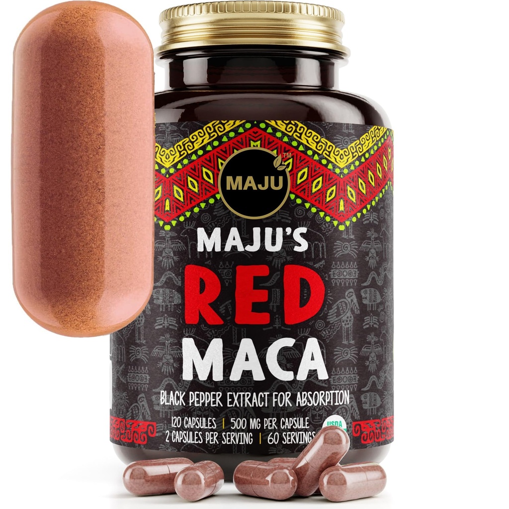 Maju Superfoods Organic Red Maca Root Capsules 120ct - Femmes Enhancement de la courbe ciblée pilules de rappel de la nutrition, gain pour les cuisses, poudre en supplément de pilule