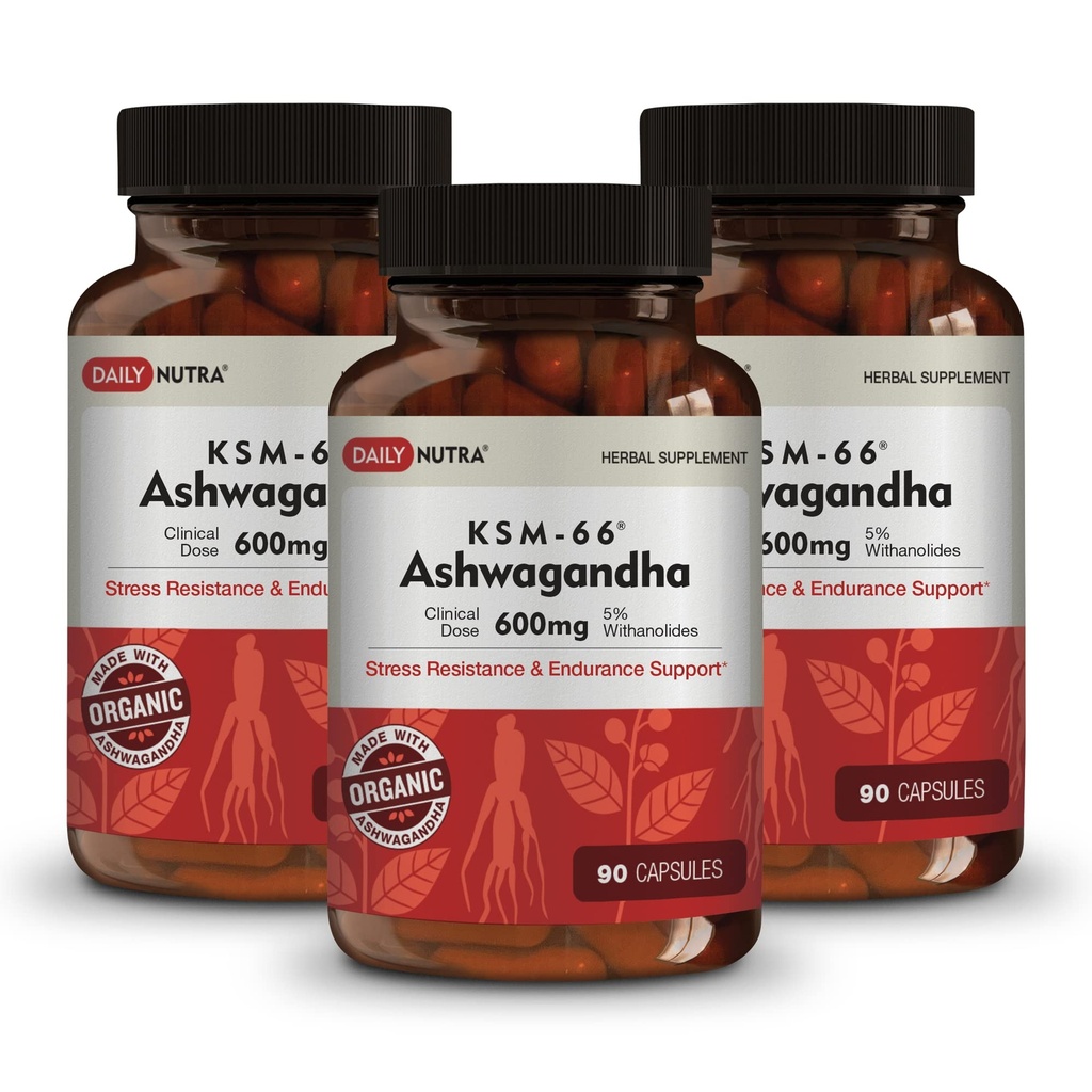 DailyNutra KSM-66 Ashwagandha 600mg Organic Root Extract - High Potency Supplement with 5% Withanolides | Supports Relaxation, Focus, & Energy (270 Capsules)