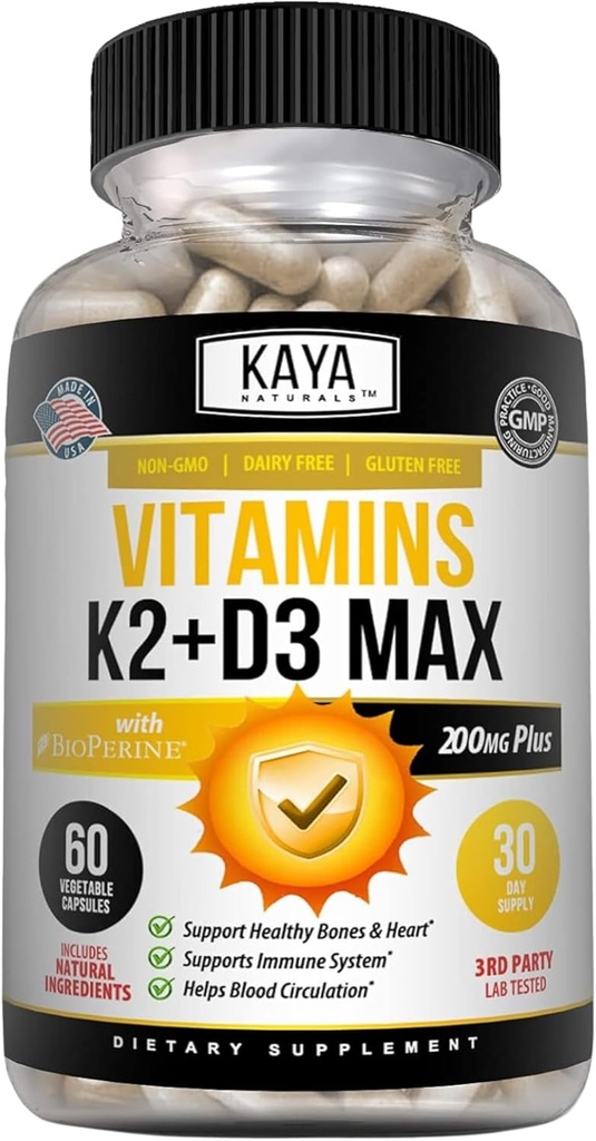 Kaya Naturals Vitamines K2 avec supplément D3 5000UI pour les hommes et les femmes - Facile à avaler - Capsules Bioperine (60 Nombre (paquet de 1))
