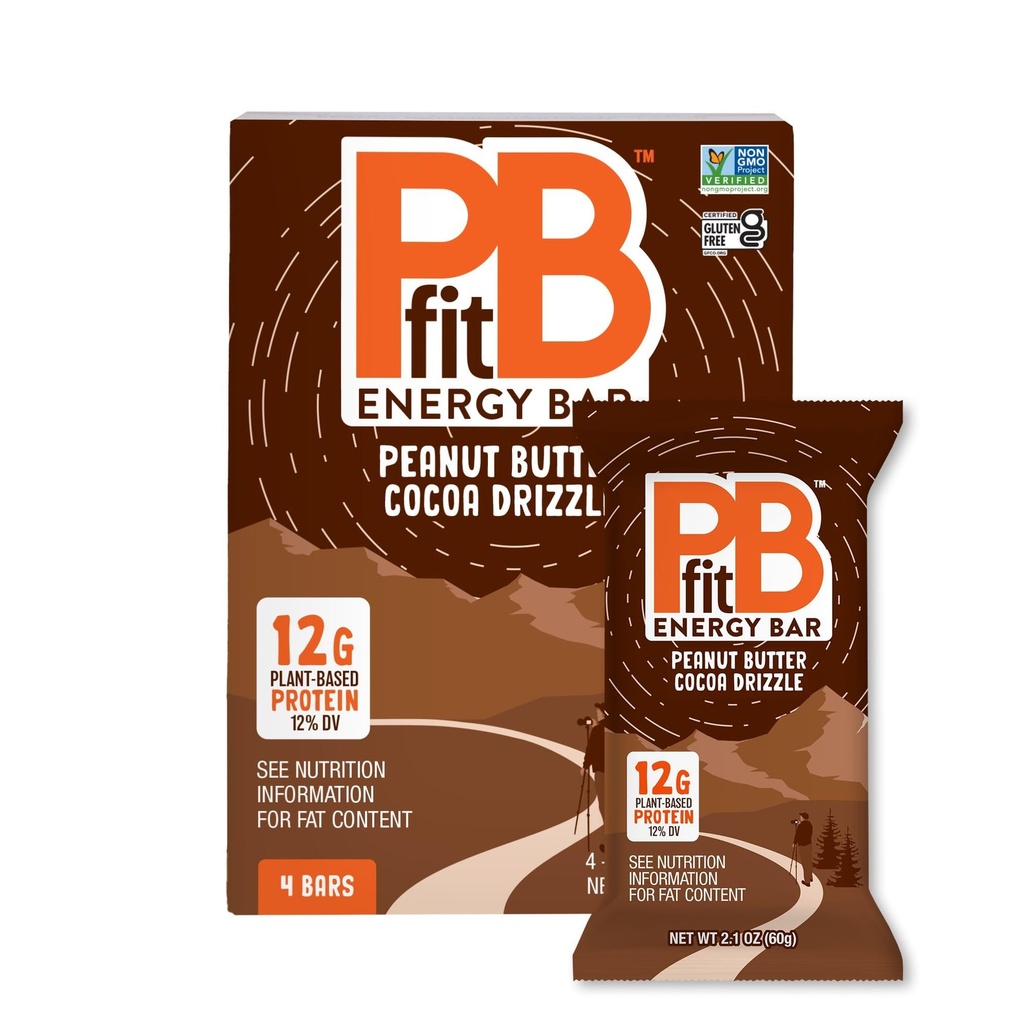 PBfit Peanut Butter Cocoa Drizzle Energy Bars, 12g Protein, 5g Fiber, Gluten Free, Vegan, Plant-Based, Non-GMO, 2.1 Oz (Pack of 4)