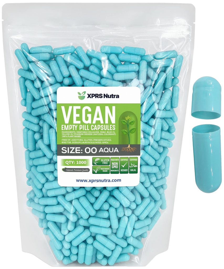 XPRS Nutra Taille 00 Capsules vides - 1000 Compte Capsules vides de végétalien - Pilules vides végétariennes - Bricolage Capsule végétale Remplissage- Caps de pilules végétariennes (Aqua)