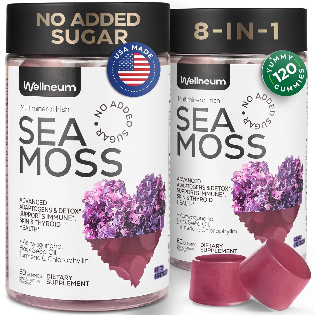 Gommies multiminéraux de mousse de mer 3000 Mg avec probiotique, Bladderwrack, huile de graines noires, Ashwagandha, racine de Burdock (2 Pack) - Seamoss Irish pour l'immunité, la thyroïde et la santé des Gut - végétalien, sans sucre