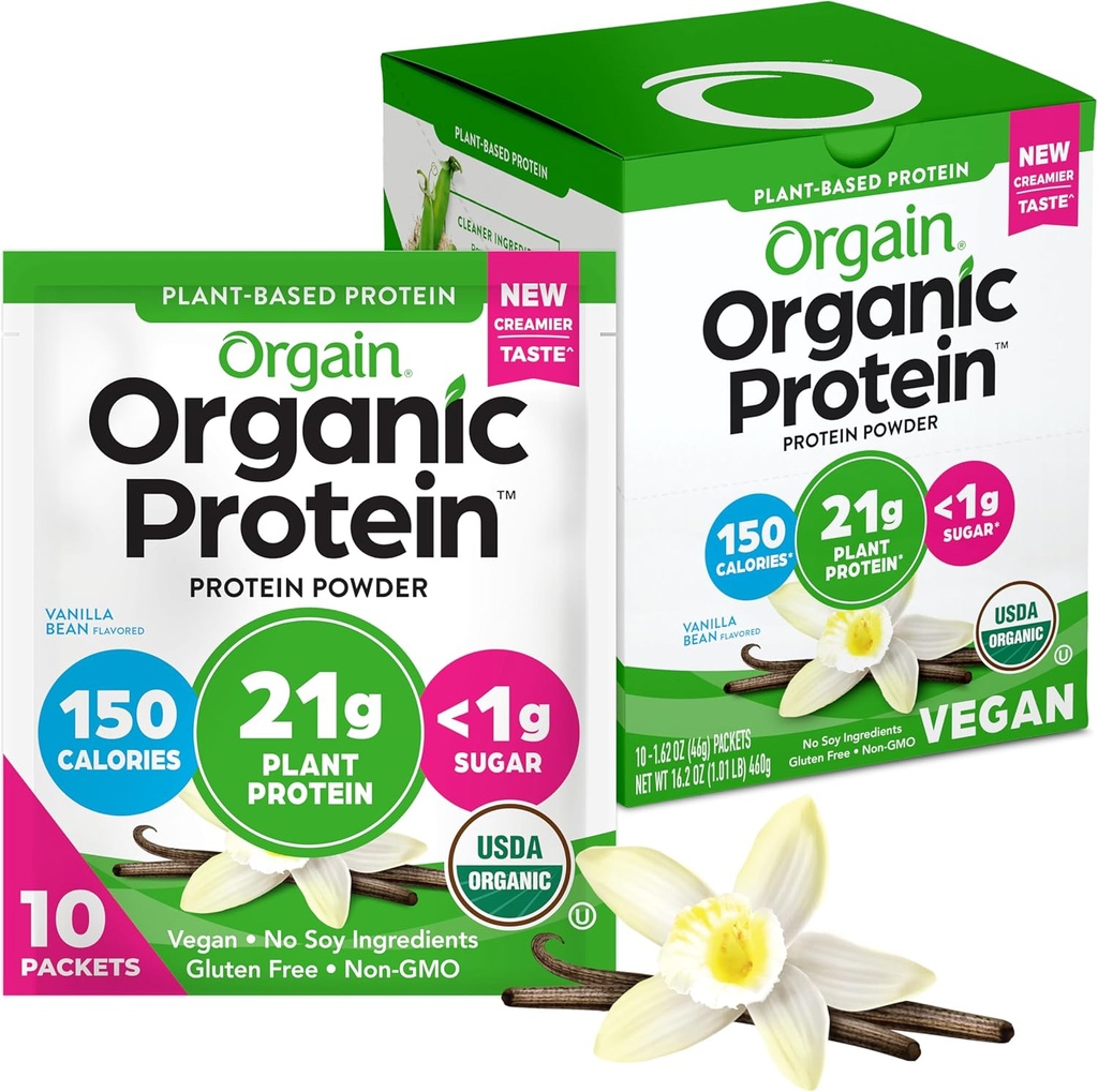 Orgaine en poudre de protéines végétales organiques, Vanilla Bean - 21g Protéines végétales, 5g fibre prébiotique, faible teneur en glucides, sans ingrédients de lactose, sans sucre ajouté, non-OGM, pour Shakes & Smoothies, 10 packs de voyage