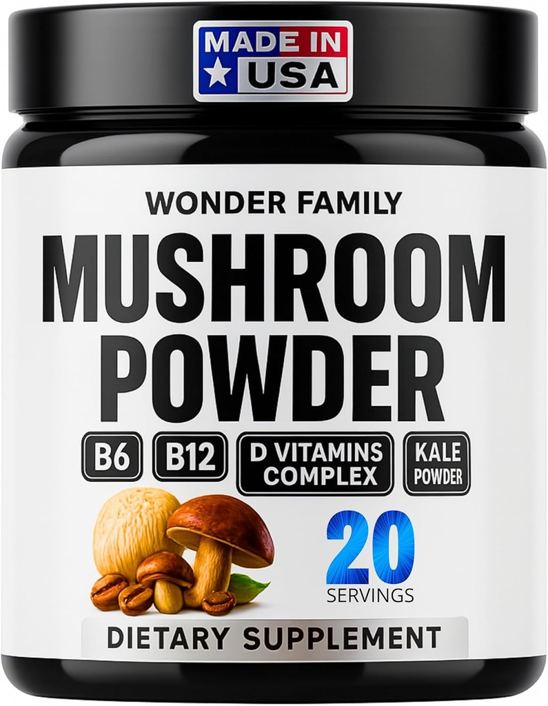 Poudre instantanée de champignons 10:1 – Supplément de champignons Cordyceps avec Reishi, Chaga & Shiitake – Boissons de nuit sans caféine avec B6, B12, D + Probiotiques Mélange biologique de champignons Cacao (sans édulcorant)