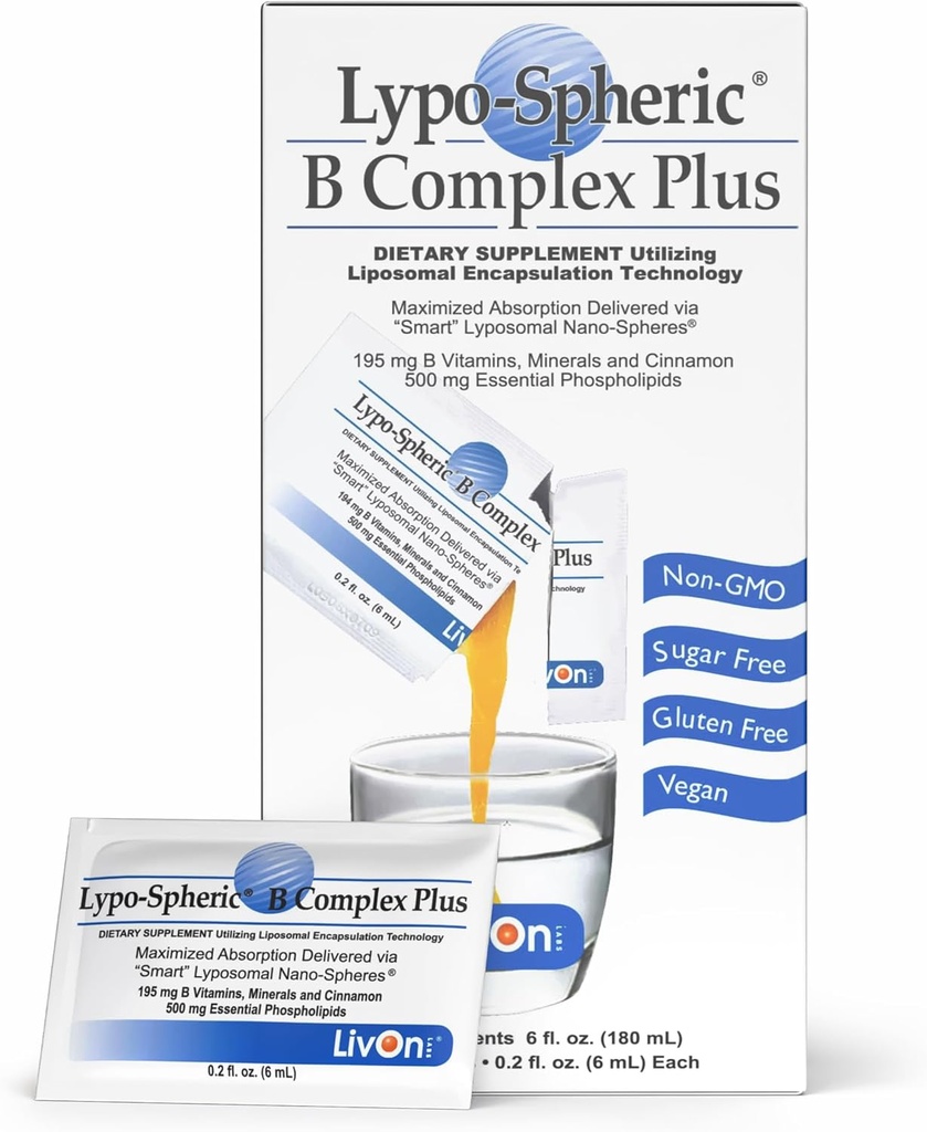 Livon Laboratories Lypo–Spheric B Complex Plus – 30 paquets – 195 mg B Vitamines, minéraux et cannelle par paquet – Liposome encapsulé pour une meilleure absorption – 100% non-OGM