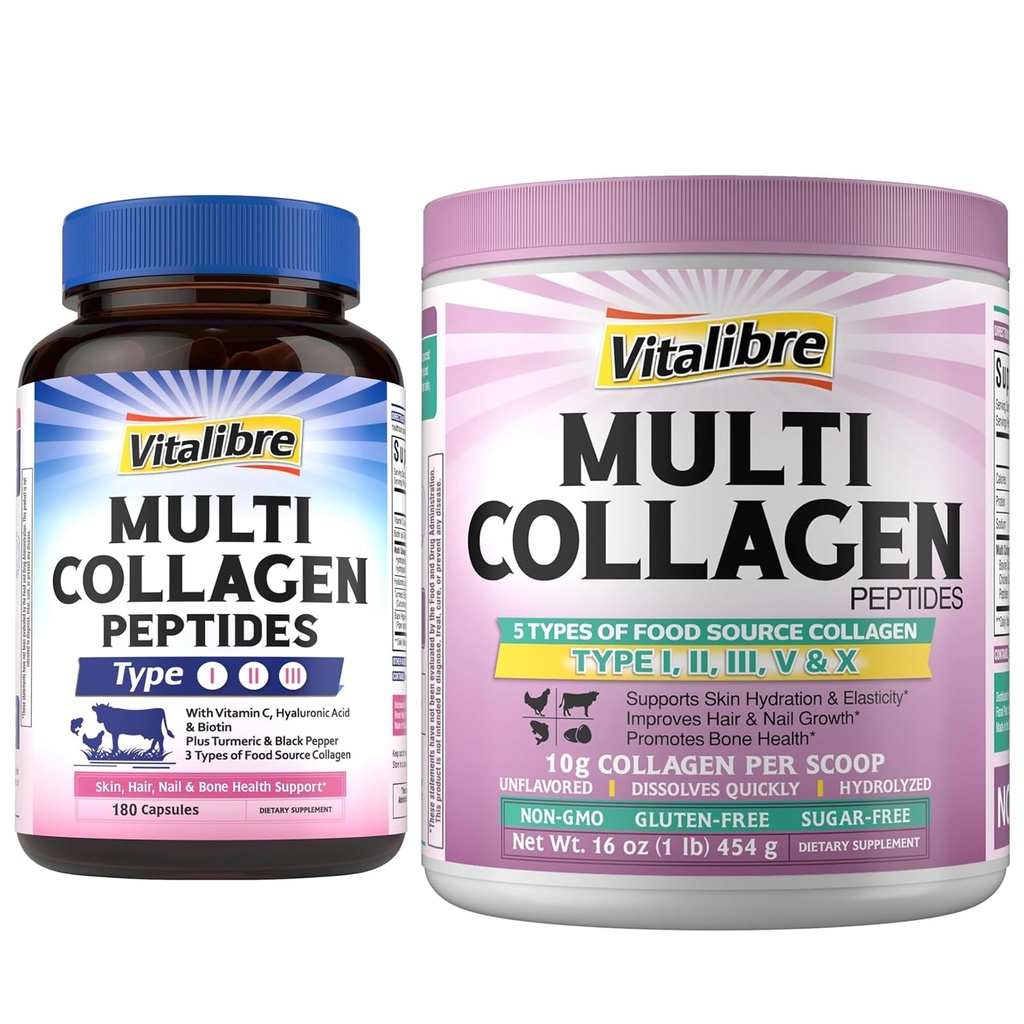 Vitalibre Multi Collagen Peptides 180 Caps and Multi Collagen Peptides Powder 16oz