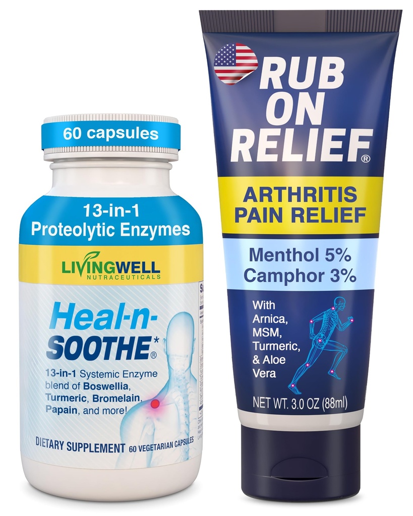 HEAL-N-SOOTHE RUB ON Relief Bundle – Topical Pain Relief Cream with MSM, Arnica, Turmeric & Aloe Vera, Plus 13-in-1 Proteolytic Enzymes for Joint Support, 3oz Cream & 60 Capsules for Men & Women