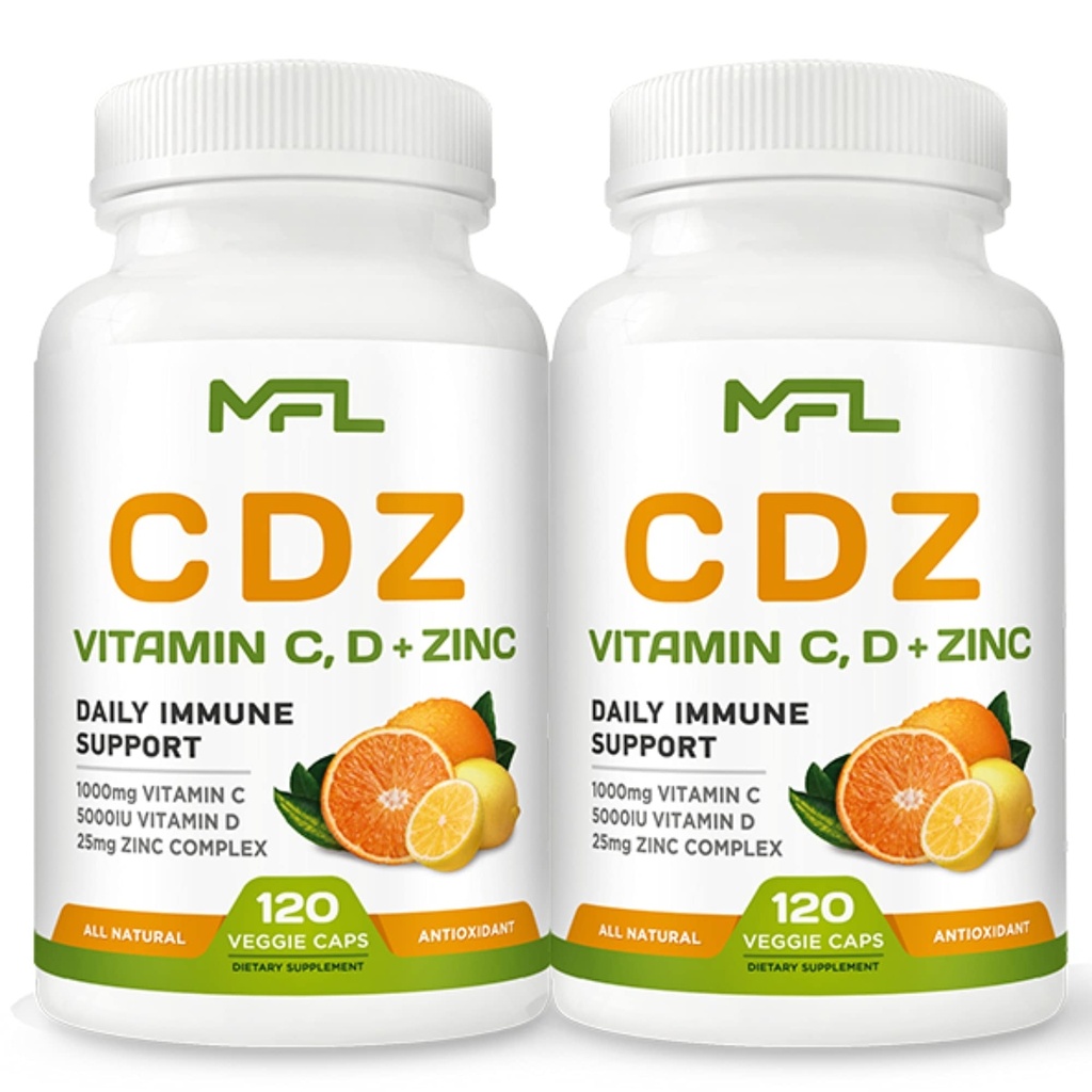 2 Pack, C D Z. Vitamine C, 1000mg. Vitamine D3, 125mcg. Zinc, 25mg.