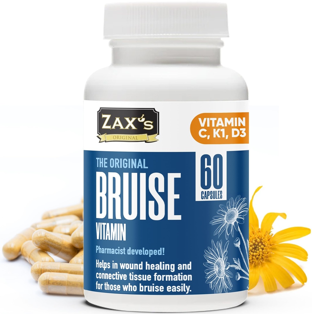 ZAX'S Bruise Vitamine Pharmacist développé suppléments de contusions Potentisant Réducteur d'accumulation de contusions, zinc, vitamine K, D3, acide ascorbique, agrumes bioflavonoïdes, 60 capsules, combiner Arnica crème de contusions