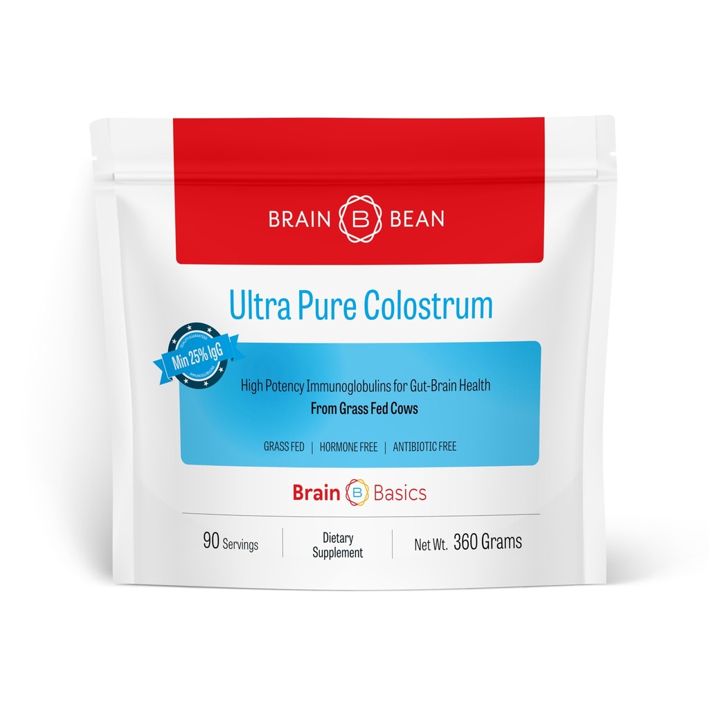 Brain Basics Ultra-Pure Colostrum, 4000mg per Serving, Min 25% IgG antibodies, Gut-Brain-Immune Health, Glowing Hair and Skin. Colostrum Powder from Grass-Fed Cows. 360 Grams - 90 Servings