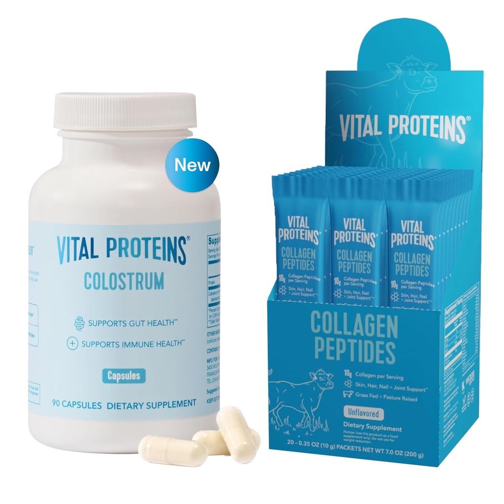 Vital Proteins Collagen Peptides Powder Travel Packs (20ct per Box) and Bovine Colostrum Supplement 90 Capsules