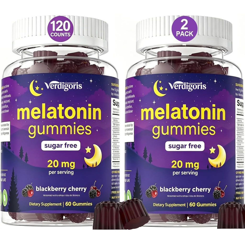 Sugar Free Melatonin Gummies 20mg for Adults 2 Packs – Sleep Support with GABA, L-Theanine, Chamomile & Passionflower – 0g Sugar, Vegan, Non-GMO, BlackBerry Cherry Flavor (120 Count)